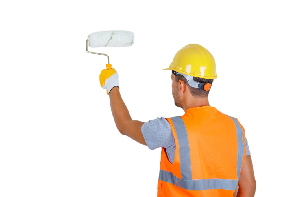 male builder uniform helmet gloves painting wall with roller back view
